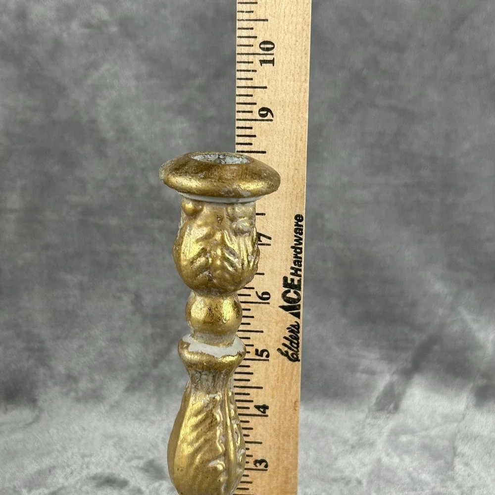 Vintage Antique Gold Cast Metal Candlestick Holders Pair Ornate Heavy Taper Set